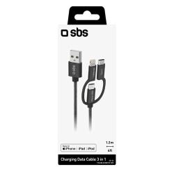 SBS USB-auf-Micro-USB-Kabel mit Lightning- und USB-C-Adaptern schwarz