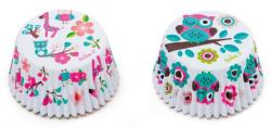Packung mit 36 bunten Backförmchen. Designs mit Eulen, Blumen und einem Giraffenmotiv. Förmchen sind aus Papier.