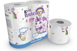 Vier Rollen Toilettenpapier. Buntes, verspieltes Design mit Figuren, Regenbögen und Blumen. Helle Farben auf weißem Hintergrund.