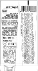 Gel-Lebensmittelfarbe in gelb. Tube mit 15 g Inhalt, hergestellt in Italien.