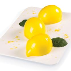 Silikonform mit sechs Vertiefungen in Zitronenform. Farbe ist grau.