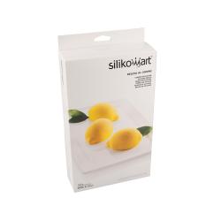 Silikonform mit sechs Vertiefungen in Zitronenform. Farbe ist grau.