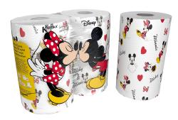 Küchenpapierrollen mit Mickey und Minnie Mouse Motiven. Bunte Designs mit Herzen und Figuren.
