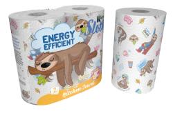 Küchenrolle mit lustigen Faultier-Motiven. Aufdruck mit dem Text 'Energy Efficient'.