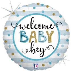 Runde Folienballon mit dem Schriftzug 'welcome BABY boy'. Blau-weiße Streifen und goldene Punkte.
