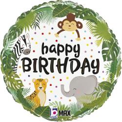 Runde Geburtstagstorte mit buntem Tiermotiv. Aufschrift 'happy BIRTHDAY' in großen Buchstaben.