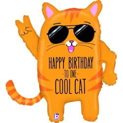 Luftballon in Form einer orangefarbenen Katze mit Sonnenbrille. Aufschrift: 'Happy Birthday to one cool cat'.
