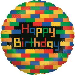 Runde Luftballon mit buntem Muster. Aufdruck 'Happy Birthday' in verschiedenen Farben.