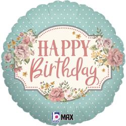 Runde Luftballon mit dem Text 'Happy Birthday'. Dekoriert mit Blumen und einem mintgrünen Hintergrund.