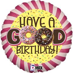 Runde Geburtstagsballon mit bunten Donuts. Aufschrift: 'Have a Good Birthday!'