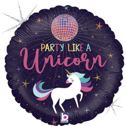 Runde Folienballon mit dem Aufdruck 'Party like a Unicorn'. Abgebildeter Einhorn mit buntem Schweif und einer Discokugel im Hintergrund.
