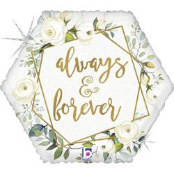 Hexagonale Folienballon mit dem Text 'always & forever'. Umgeben von weißen Blumen und grünen Blättern.