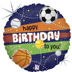 Runde Geburtstagsballon. Bunte Streifen in Blau, Orange und Grün. Sportmotive: Fußball, Basketball, Tennis, Golf und Baseball. Text: 'happy BIRTHDAY to you!'