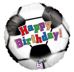 Runde Folienballon in Form eines Fußballs. Auf der Oberfläche steht 'Happy Birthday!' in bunten Buchstaben.