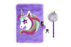 Tagebuch mit Pompom Stift Einhornmotiv violett