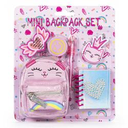 Mini Rucksack-Set inkl Gelstift, Radierer, Notizblock und Sticker bunt