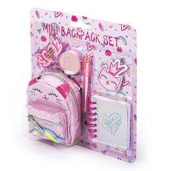 Mini Rucksack-Set inkl Gelstift, Radierer, Notizblock und Sticker bunt