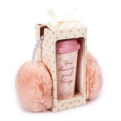 Geschenkset aus Trinkbecher und Ohrenschützern Posh+pop Serie Cozy rosa