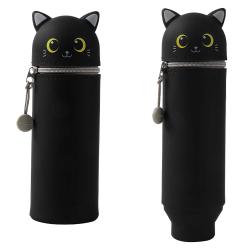 Schwarzer Stiftetui in Katzenform mit großen, gelben Augen. Der obere Teil hat Katzenohren und einen Reißverschluss.