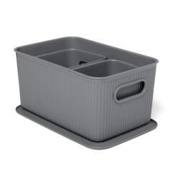 Graue Aufbewahrungsbox mit zwei Fächern. Hat seitliche Griffe und eine passende Unterlage.
