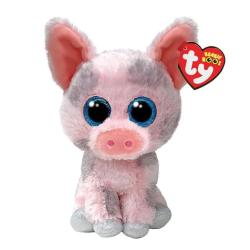 Plüschfigur eines kleinen Schweins mit großen blauen Augen. Der Körper ist rosa mit grauen Flecken.