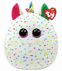 Plüsch-Einhorn mit bunten Punkten. Große, glänzende Augen und ein lächelndes Gesicht.