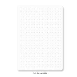 Notizbuch mit gepunktetem Innenteil. Die Vorderseite ist weiß und schlicht.