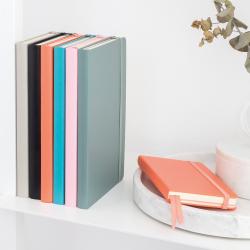 Mehrere farbige Notizbücher stehen auf einem Regal. Ein orangefarbenes Notizbuch liegt auf einem runden, weißen Tablett.