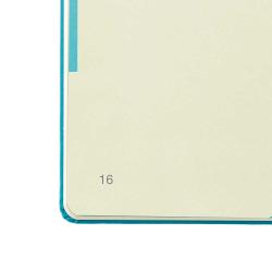 Offenes Notizbuch mit blauen Seiten. Die Seiten sind leer und nummeriert.