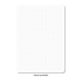 Weißes Notizbuch mit gepunktetem Innenteil. Die Ecken sind abgerundet.