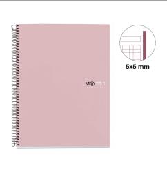 Rosa Spiralnotizbuch mit dem Titel 'MR NOTEBOOK 1'. Die Seiten sind kariert mit 5x5 mm Kästchen.