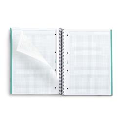 Ein Ringbuch mit kariertem Papier. Es hat einen spiralförmigen Rücken und ist offen mit einer Seite umgeblättert.