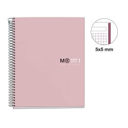 Rosa Spiralnotizbuch mit dem Aufdruck 'MR NOTEBOOK 1 THE ORIGINAL'. Die Seiten sind kariert mit 5x5 mm Kästchen.
