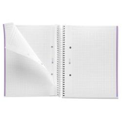 Ein offenes Ringbuch mit kariertem Papier. Die Seiten sind weiß und haben eine lila Kante.