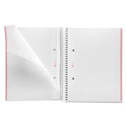 Ringbuch mit karierten Seiten. Die Seiten sind weiß mit einem pinken Rand.