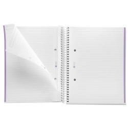 Ein offenes, liniertes Notizbuch mit Spiralbindung. Die Seiten sind weiß und unbeschrieben.