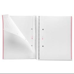 Ein offenes, spiralförmiges Notizbuch mit linierten Seiten. Die Seiten sind weiß mit einem pinken Rand.