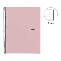 Rosa Spiralnotizbuch mit schwarzem Logo. Seiten mit 7 mm Linien.