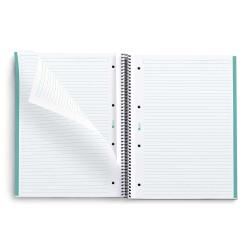 Offenes Ringbuch mit linierten Seiten. Die Seiten sind weiß mit blauen Linien.