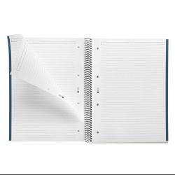 Offenes Notizbuch mit linierten Seiten. Spiralbindung und blauer Rand.