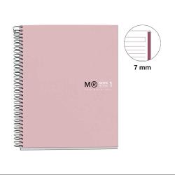 Rosa Spiralnotizbuch mit dem Aufdruck 'M R NOTEBOOK 1 THE ORIGINAL'. Seiten mit 7 mm Linienabstand.