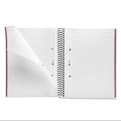 Offenes Ringbuch mit leeren, linierten Seiten. Die Seiten sind weiß mit einer roten Randlinie.