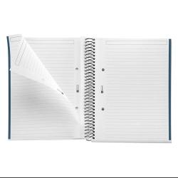 Ein offenes Notizbuch mit linierten Seiten. Es hat einen spiralförmigen Rücken und ist in einem schlichten Design gehalten.