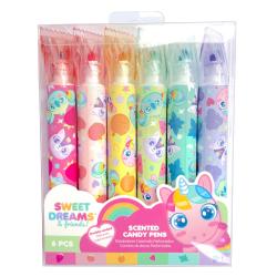 Set mit sechs bunten, doppelseitigen, duftenden Stiften. Jede Hülle zeigt niedliche, cartoonartige Einhörner und Tiere. Farben: Pink, Gelb, Blau, Grün, Lila.