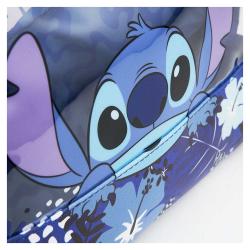 Bunte Tasche mit dem Charakter Stitch aus Disney. Der Hintergrund ist blau mit floralen Mustern.