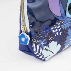 Kosmetiktasche mit buntem Blumenmuster und einem Charaktermotiv. Der Reißverschluss hat einen blauen Blumenanhänger.
