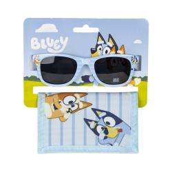 Sonnenbrille in hellblau mit dunklen Gläsern. Verpackt mit einem Etui mit bunten Tiermotiven.