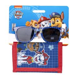 Sonnenbrille mit blauem Rahmen und dunklen Gläsern. Verpackt mit einem Motiv von Paw Patrol.