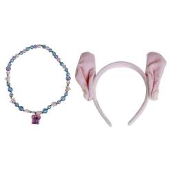 Halskette mit bunten Perlen und einem Elefantenanhänger. Rosa Haarreif mit langen Ohren.