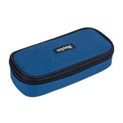 blaues Etui mit Reißverschluss. Außenmaterial strukturiert. Logo auf der Oberseite.